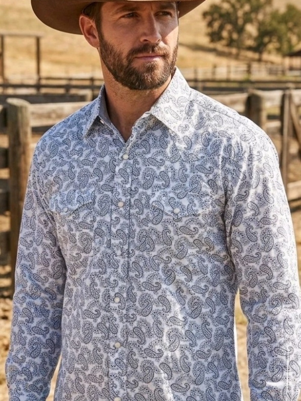 Men's Paisley Button-Down Shirt - White & Navy
